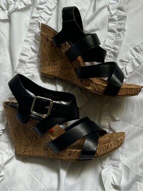 Diba Black Cork Wedge Strappy Sandals